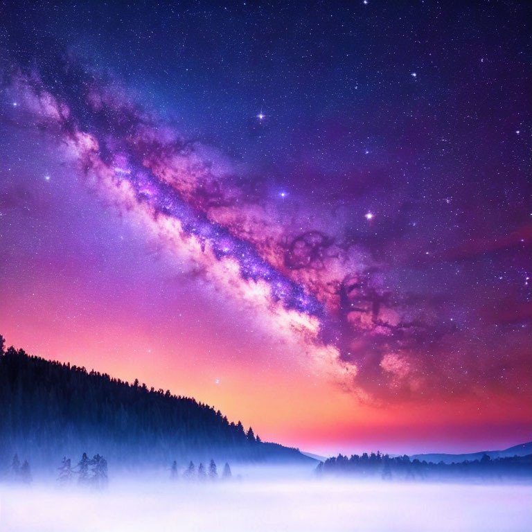 Starry night sky over misty forest with vibrant nebulae