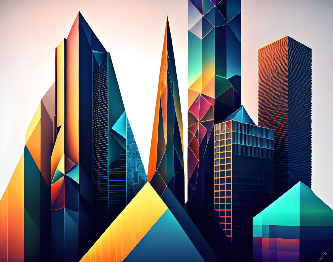 Colorful geometric skyscrapers digital artwork on gradient background