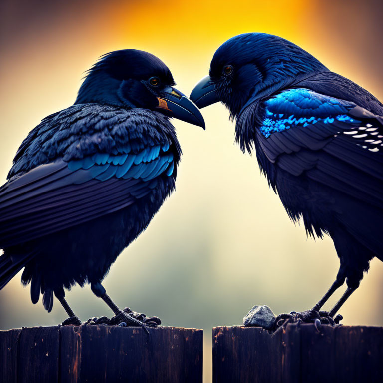 Glossy blue starlings on wooden posts at sunset