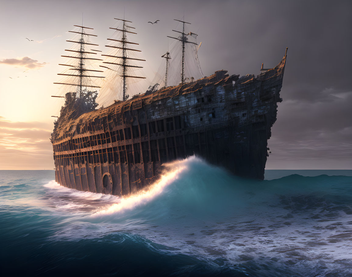 Weathered sailing shipwreck in sea at sunset with crashing waves