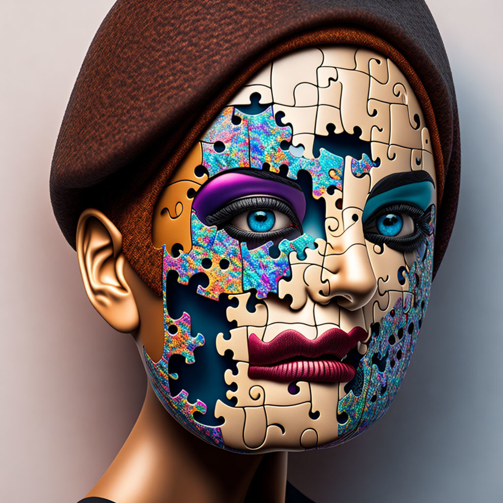 Colorful Jigsaw Puzzle Human Face Artwork with Makeup and Brown Hat