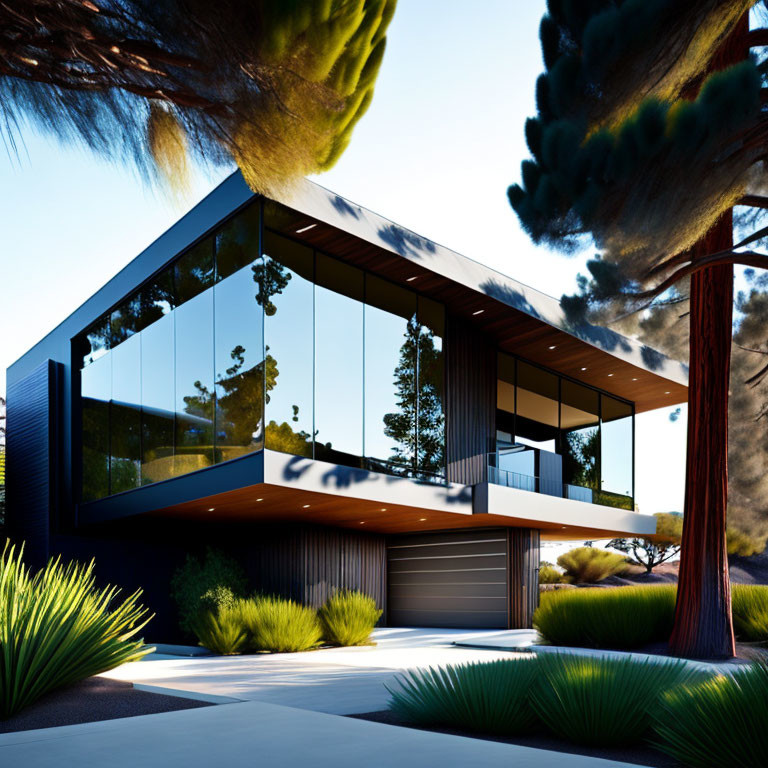 Contemporary house with large glass windows and flat roof in tree-filled setting.