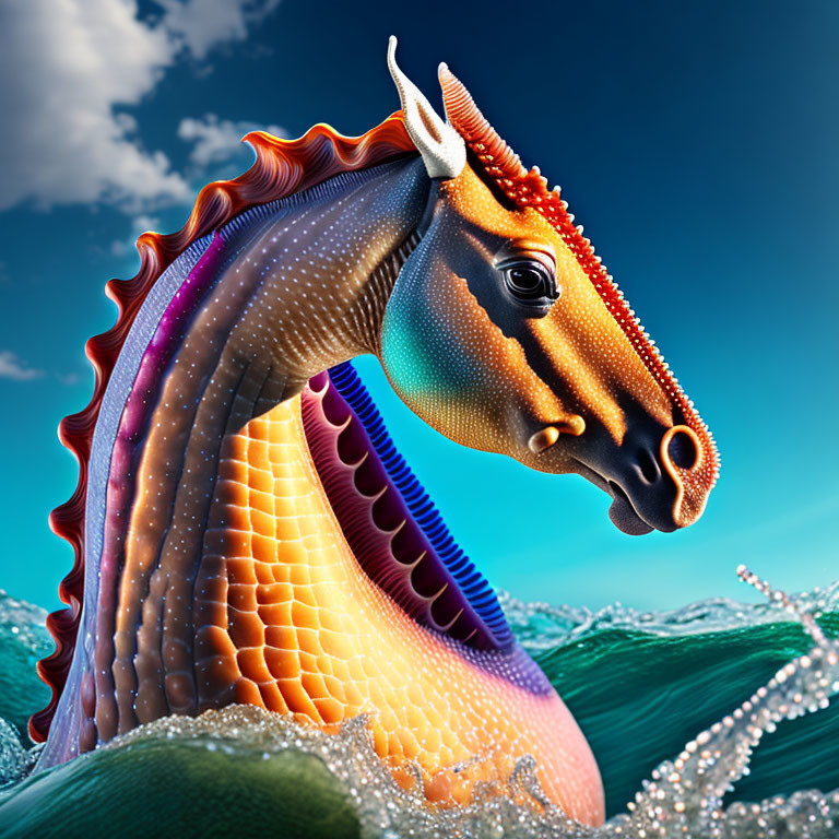 Colorful seahorse with unicorn horn in vibrant, surreal art style