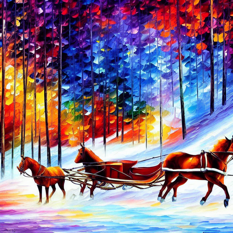 Colorful painting of horses pulling sleigh in vibrant forest