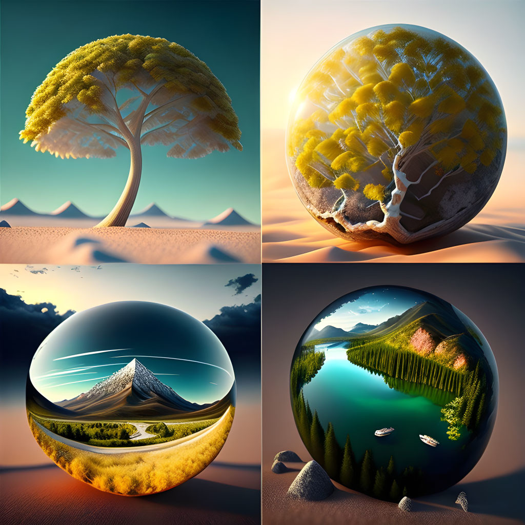 Surreal landscapes: lone tree, cracked-earth sphere, mountain in ball, forested water sphere