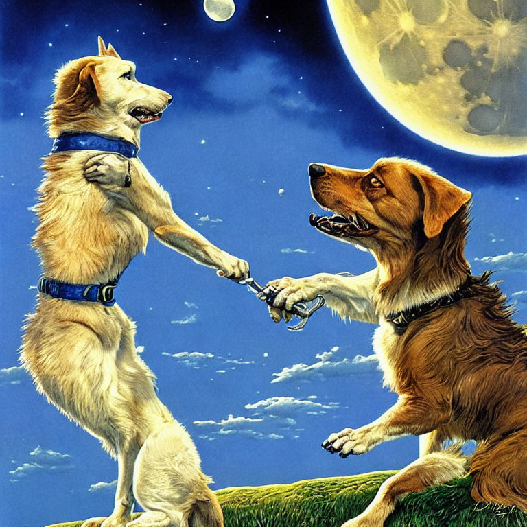 Anthropomorphic dogs shaking hands under night sky