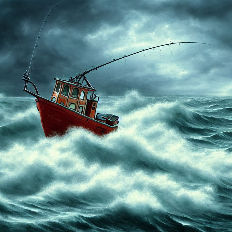 Red Fishing Boat with Bent Rod in Turbulent Dark Blue Sea Waves