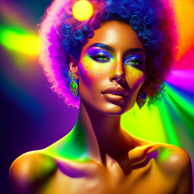 Colorful digital artwork of woman with vibrant makeup and blue afro hair.