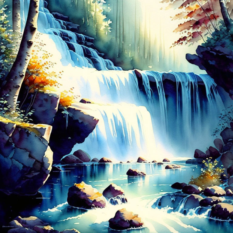 Serene waterfall painting with autumn leaves and pond reflections