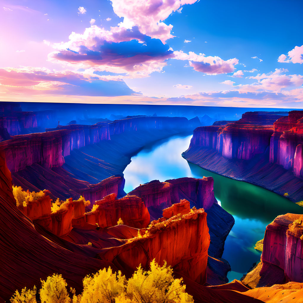 Scenic sunset over grand canyon with flowing river and colorful foliage