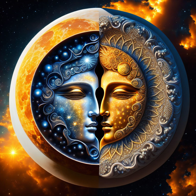 Intricate sun and moon faces merged on celestial background