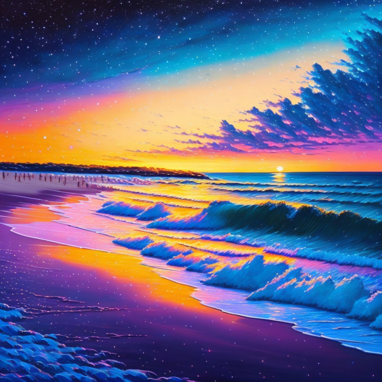 Colorful Ocean Sunset with Starry Sky and Beach Silhouettes