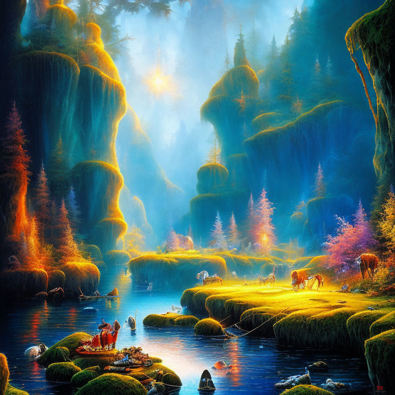 Fantasy landscape with lush greenery, sparkling river, majestic trees, deer, and radiant sunlight.