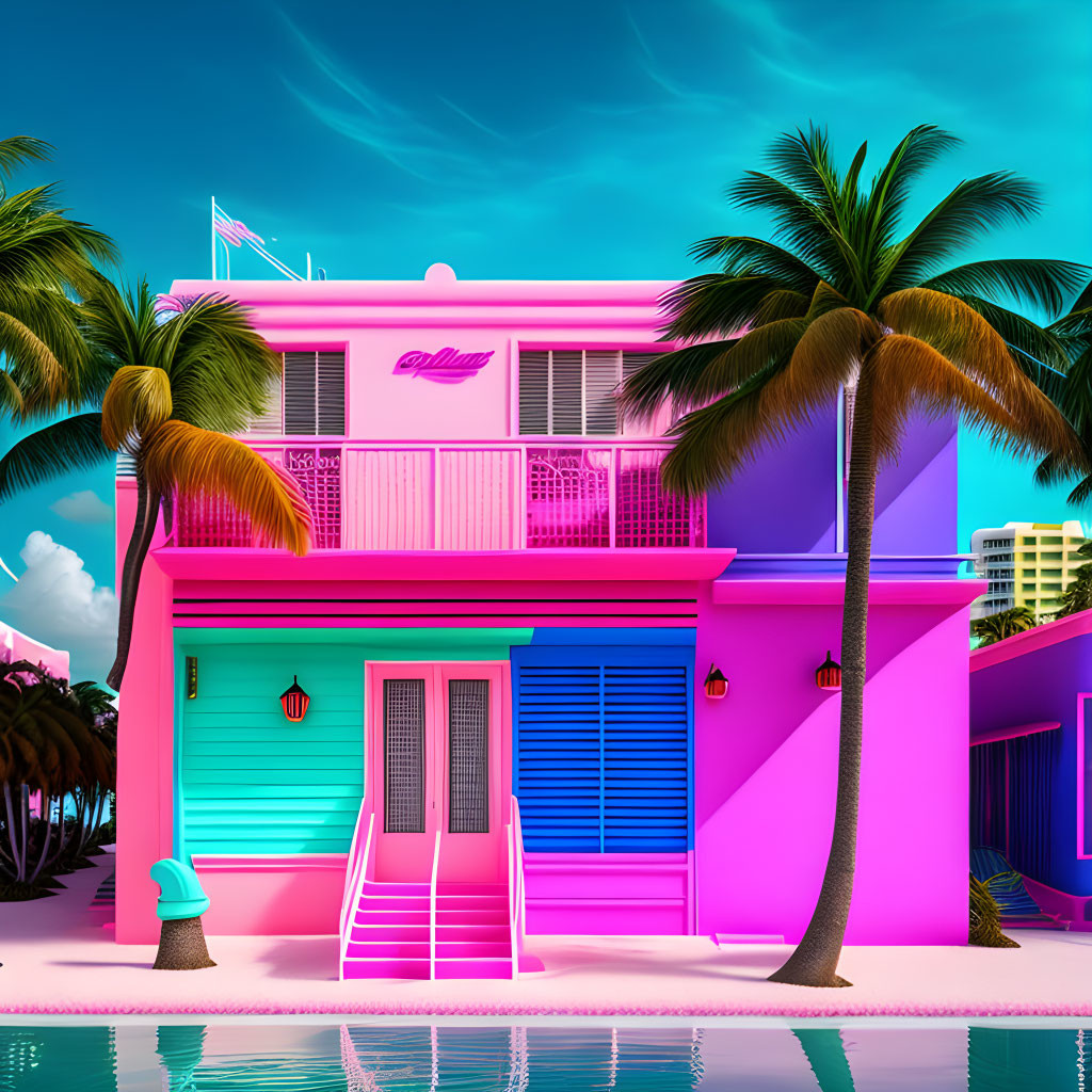 Colorful two-story pink house with blue accents and palm trees under turquoise sky reflected in water