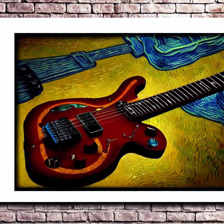 Vibrant electric guitar against abstract yellow and blue backdrop