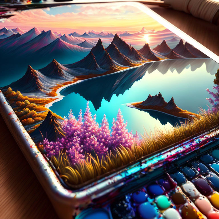 Colorful Mountainous Landscape Painting on Canvas with Vibrant Palette