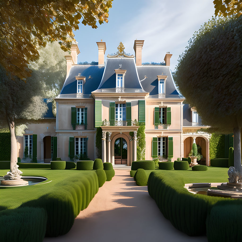 Symmetrical French chateau with manicured gardens and fountain