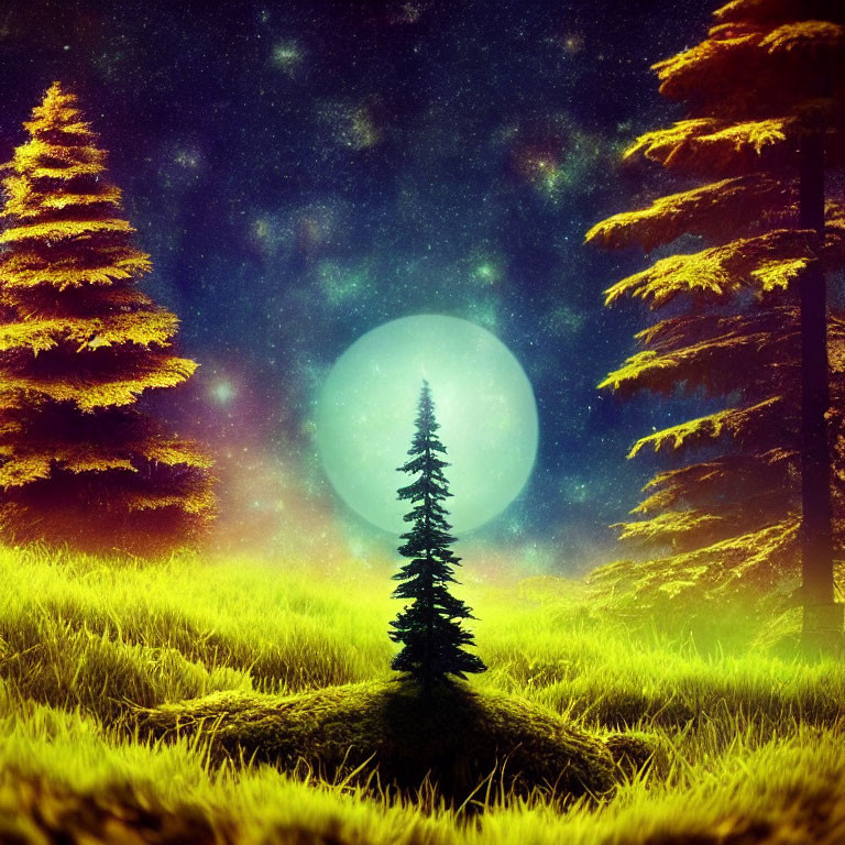 Fantasy Night Landscape with Moon, Stars, and Pine Tree Silhouettes