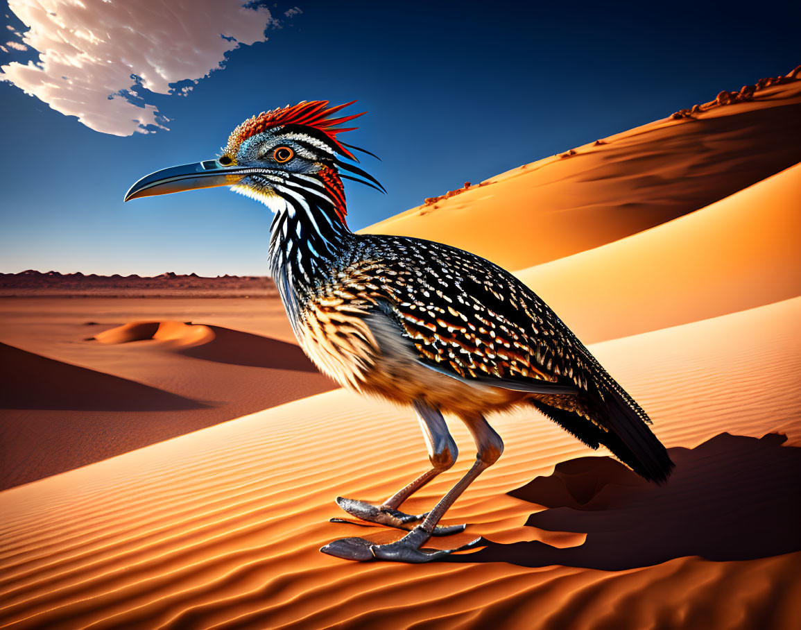 Exaggerated roadrunner bird on desert dune under blue sky