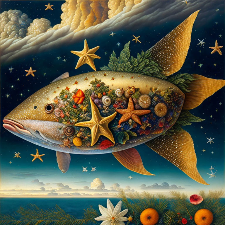 Surreal fish with starfish, flowers, fruits in starry sky landscape