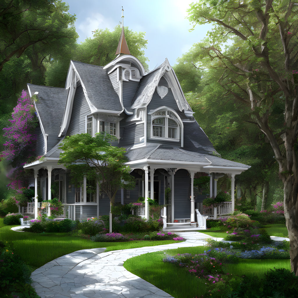 Victorian-style house with turret, lush gardens, wraparound porch