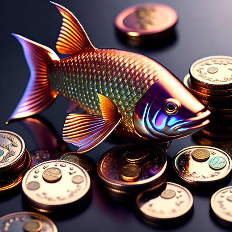 Colorful metallic fish among stacked coins on reflective surface