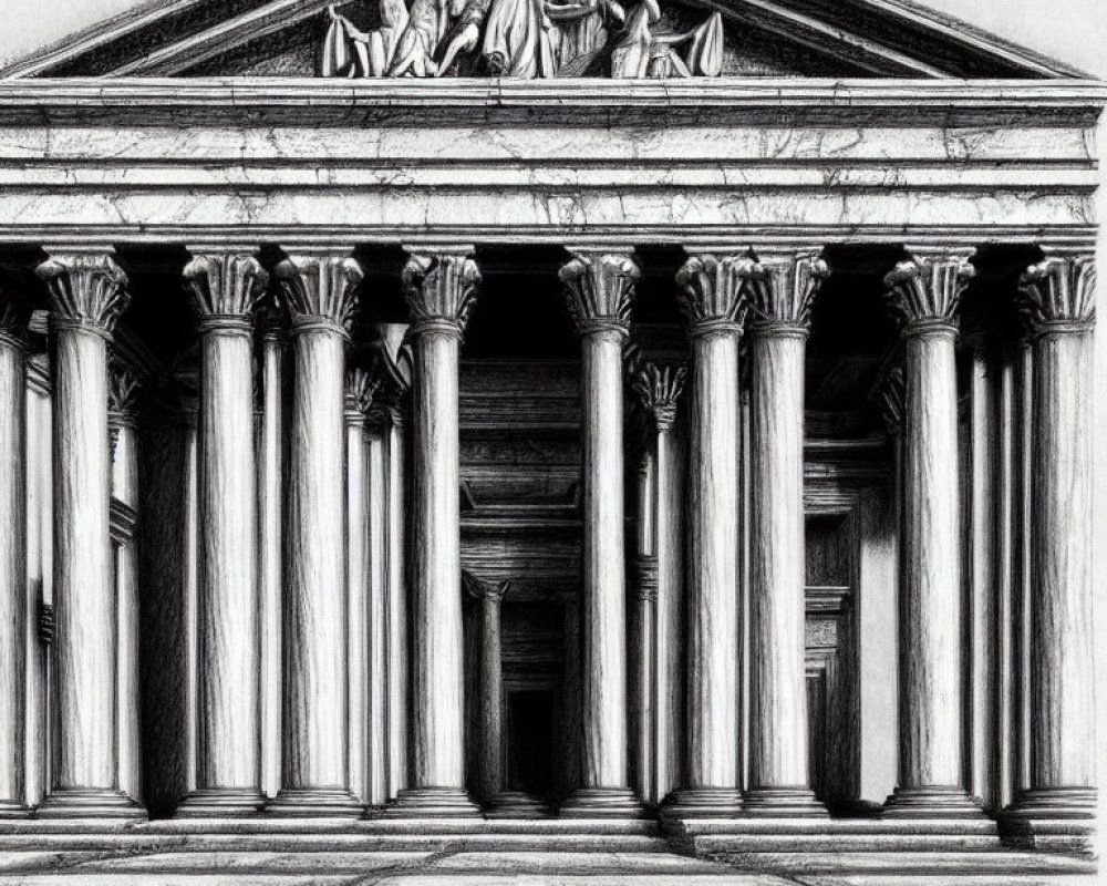 Classical Greek-style temple façade with Corinthian columns and sculptured figures