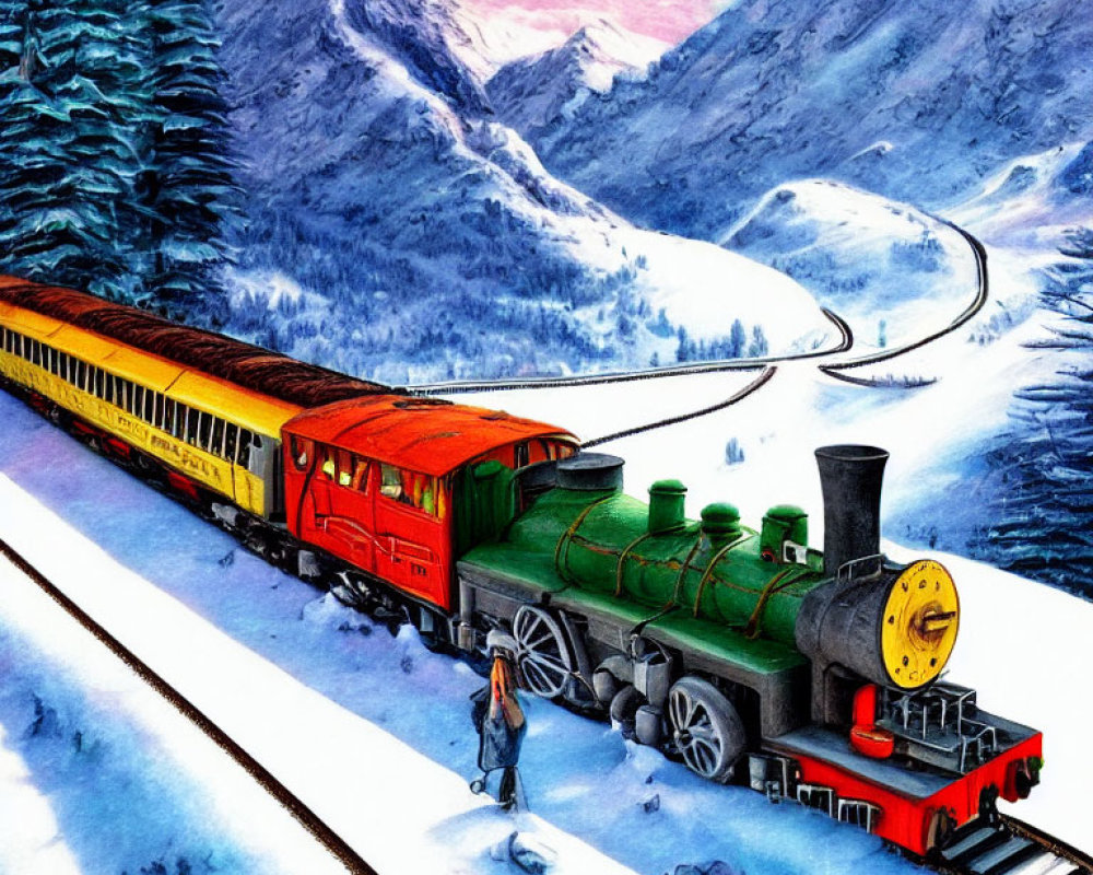 Vintage Green Steam Locomotive Pulls Yellow Carriages in Snowy Mountain Landscape