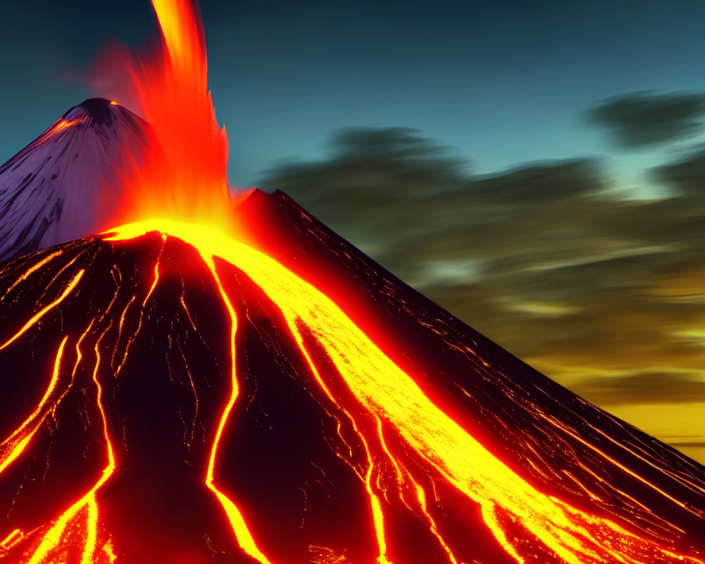 Volcano erupting with molten lava at twilight