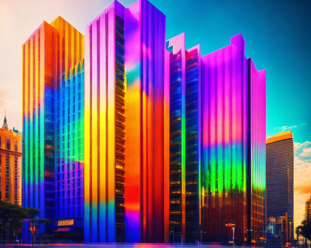 Colorful Rainbow Skyline at Sunset with Blurred Traffic