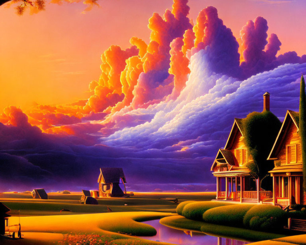 Vivid painting of Victorian house in serene landscape