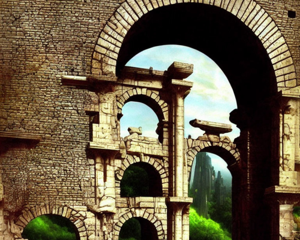 Ancient Roman ruins with arches and columns amidst green trees and cloudy sky