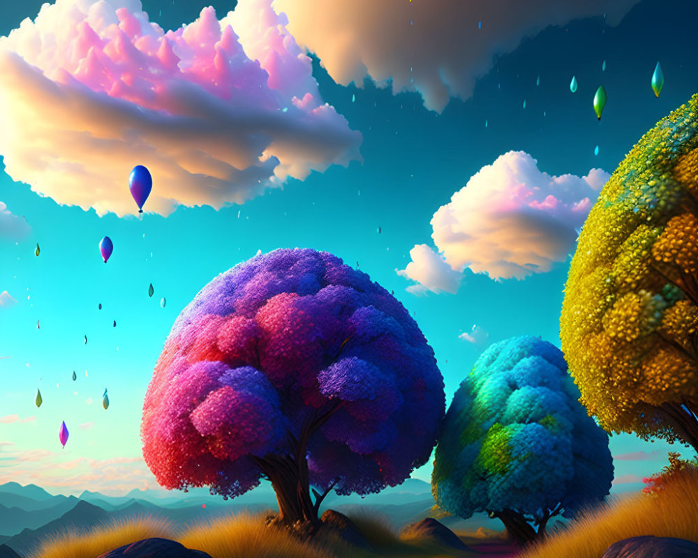 Vibrant trees, surreal sky, floating islands, water droplets, and distant hot air balloons