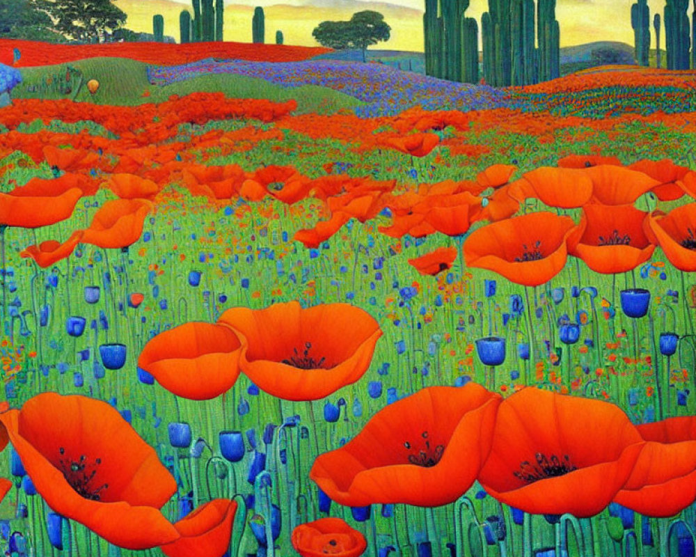 Colorful field of red poppies, blue flowers, green foliage, and cypress trees under blue