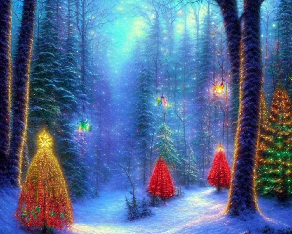 Winter Forest Night Scene with Snow-Covered Trees and Colorful Lights