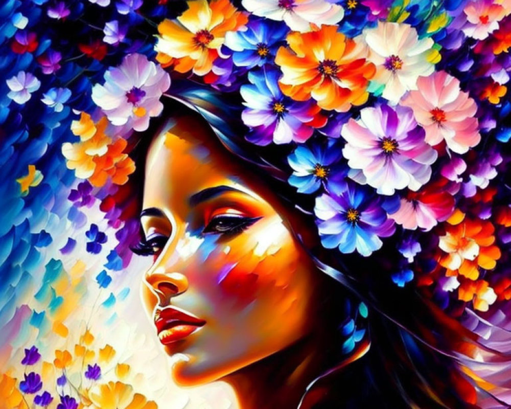 Colorful painting of woman with flowers in hair against floral background