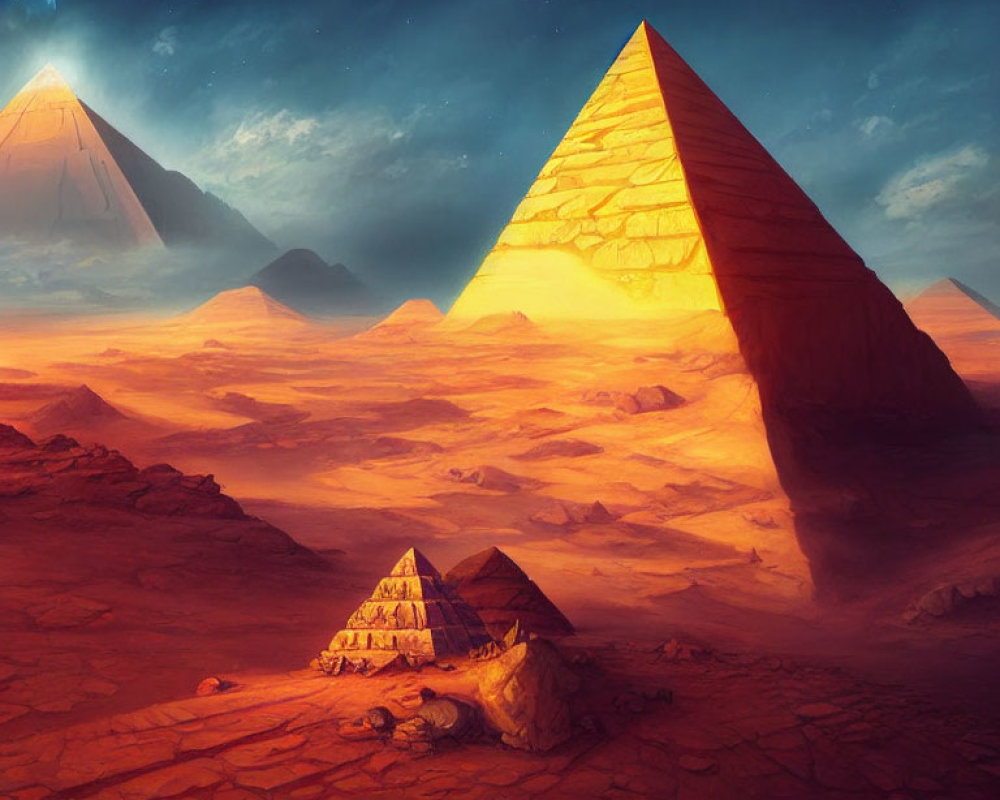 Surreal desert landscape with illuminated pyramids at sunset