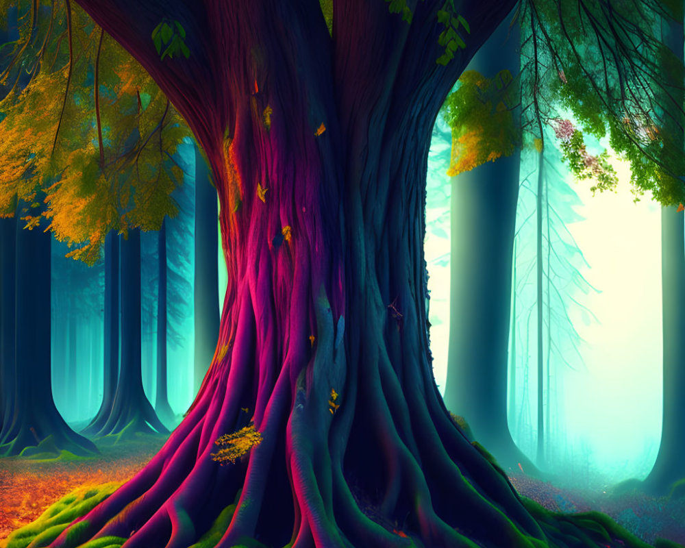 Colorful gradient tree in surreal forest with misty blue woods