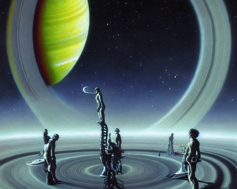 Surreal sci-fi illustration of human figures on ring-like structure