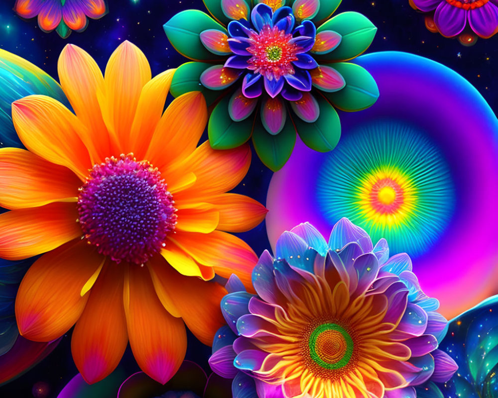 Colorful digital artwork: neon flowers on cosmic backdrop