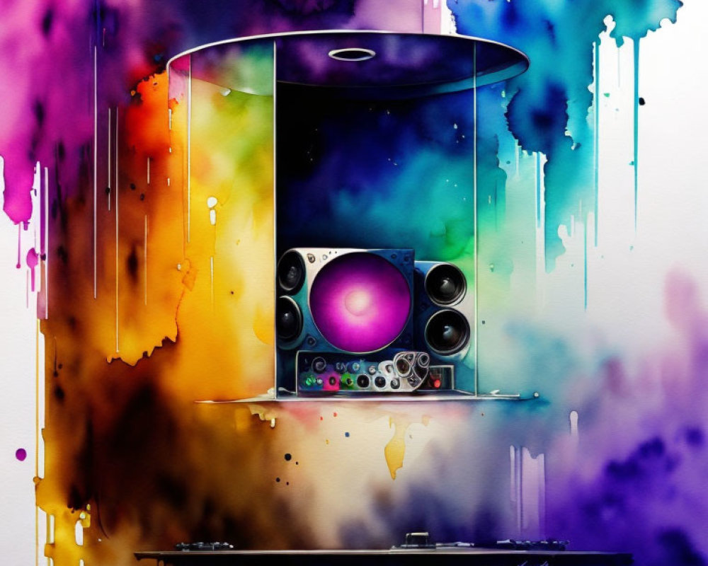 Colorful watercolor artwork of a speaker system with melting drips