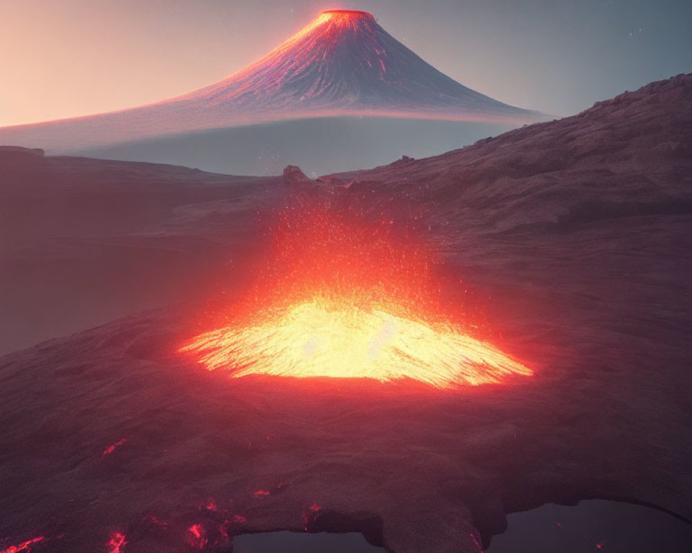 Landscape with small volcanic eruption and tranquil volcano under dusky sky