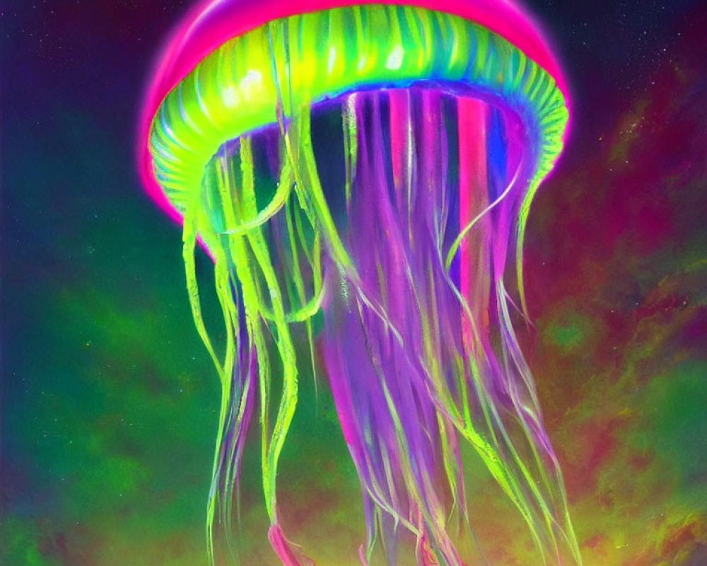 Colorful Jellyfish Illustration with Cosmic Nebula Backdrop