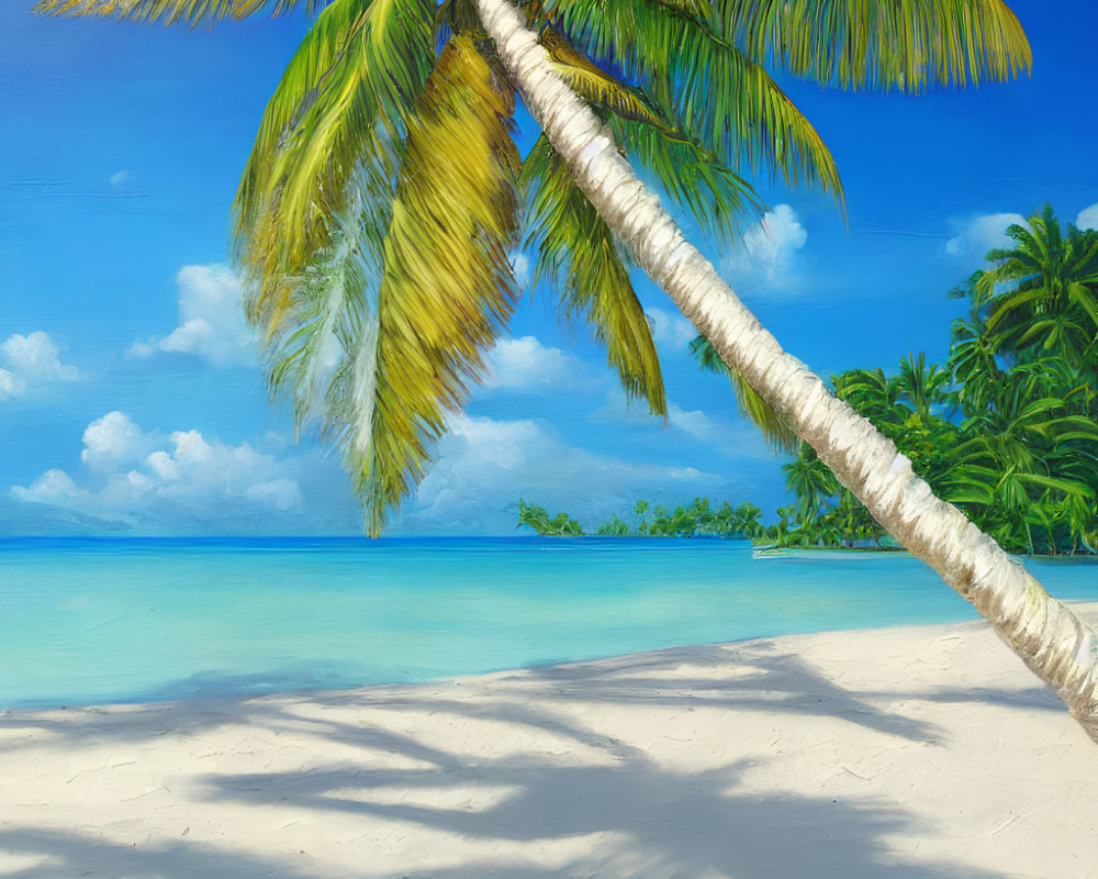 Tropical beach scene with slanted palm tree, white sand, clear blue sky, tranquil sea