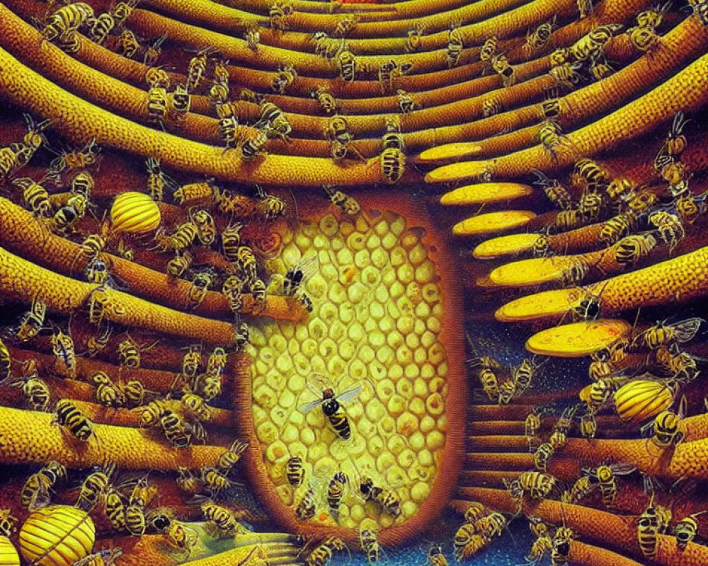 Detailed depiction of bee-filled hive with honeycombs and crowned queen bee