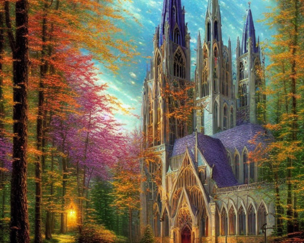 Gothic cathedral in vibrant forest with autumnal foliage