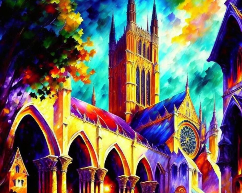 Colorful Gothic Cathedral Painting with Prominent Spire & Surreal Colors