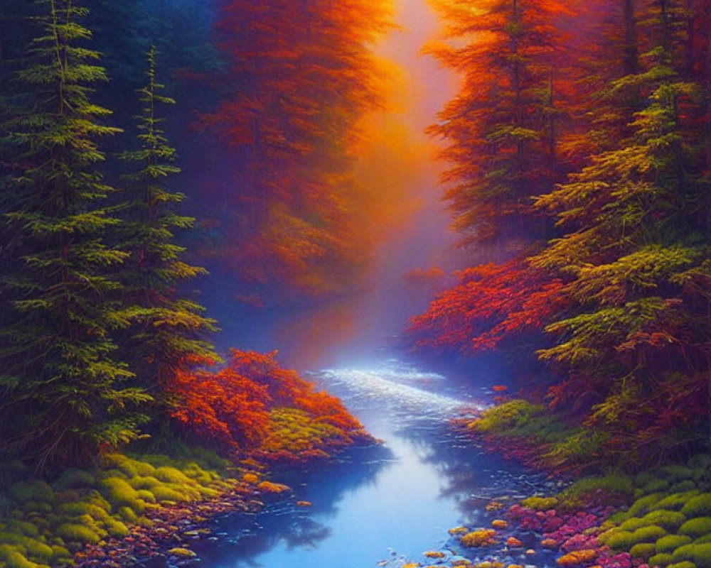 Colorful Forest Scene with Stream and Fiery Trees in Misty Glow
