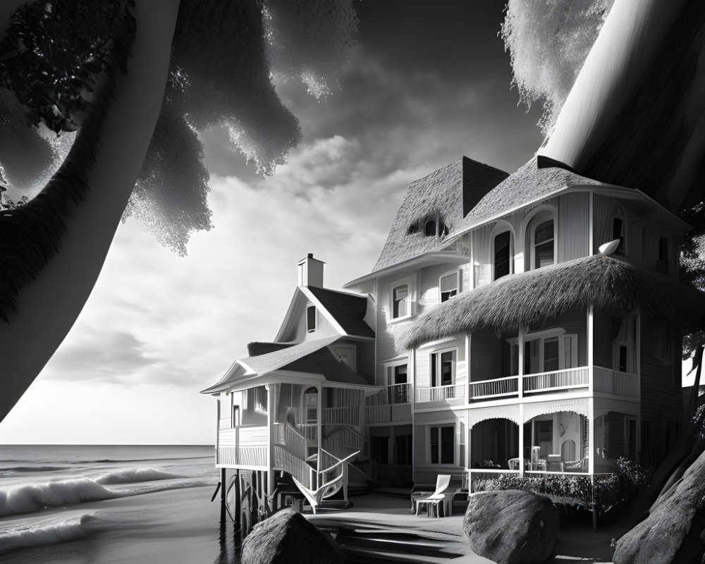 Victorian-style house on beach with ocean waves and trees