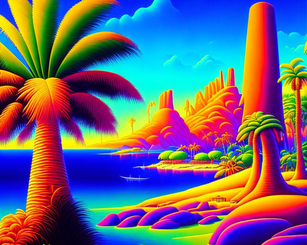 Colorful Tropical Landscape with Palm Trees, Mountains, Sea, and Boats